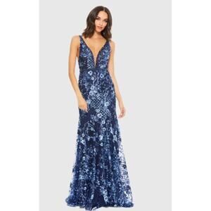 Mac Duggal Dark Blue Floral Embellished Sleeveless Plunge Neck Gown Size 14